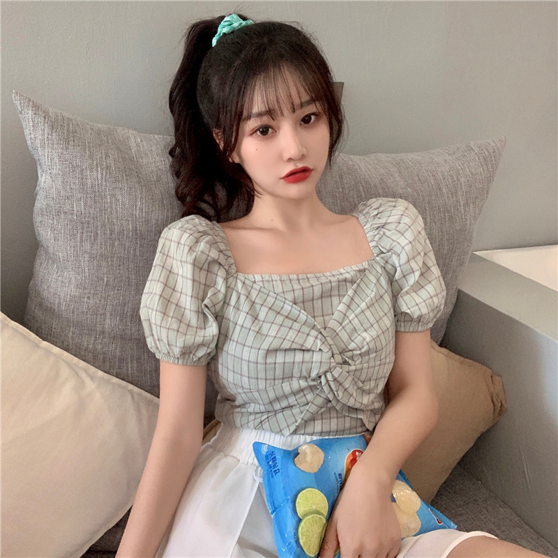 Real price new fashion waist show thin versatile Bubble Sleeve Plaid Shirt