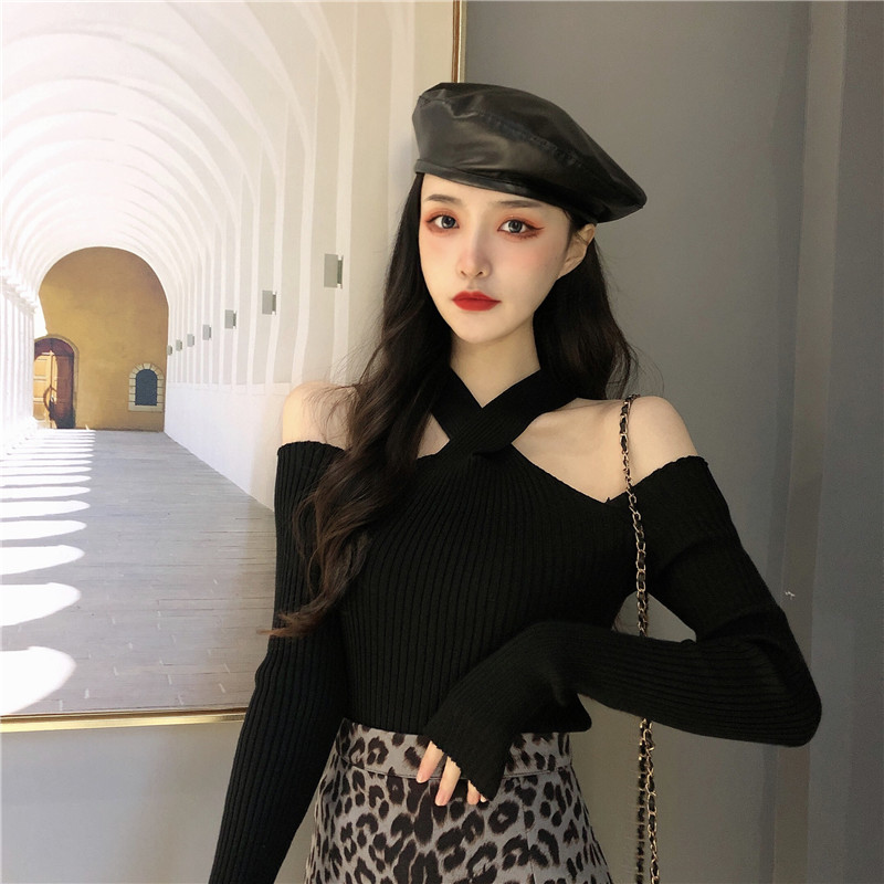Real shooting and real price design sense one line collar hanging neck cross design off shoulder sexy hollow out T-shirt
