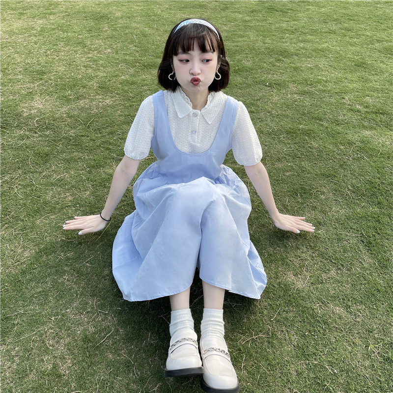 Real price Korean loose and thin Polo neck short sleeve top + strap dress