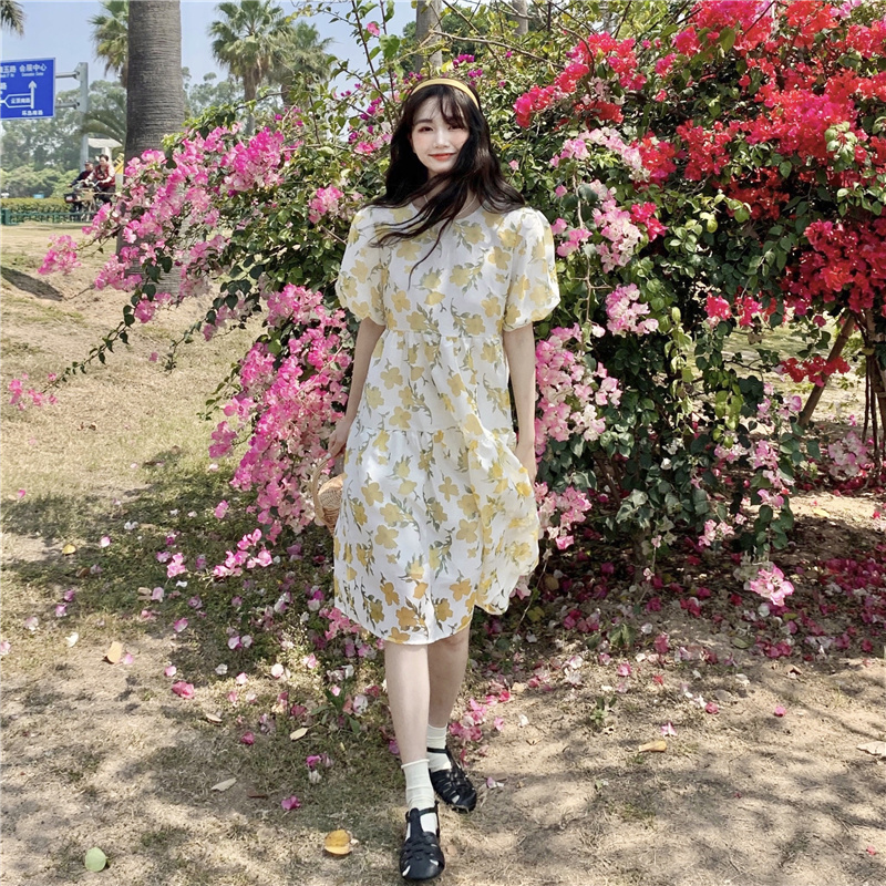 Real price Korean loose and thin round neck floral Bubble Sleeve Chiffon Dress