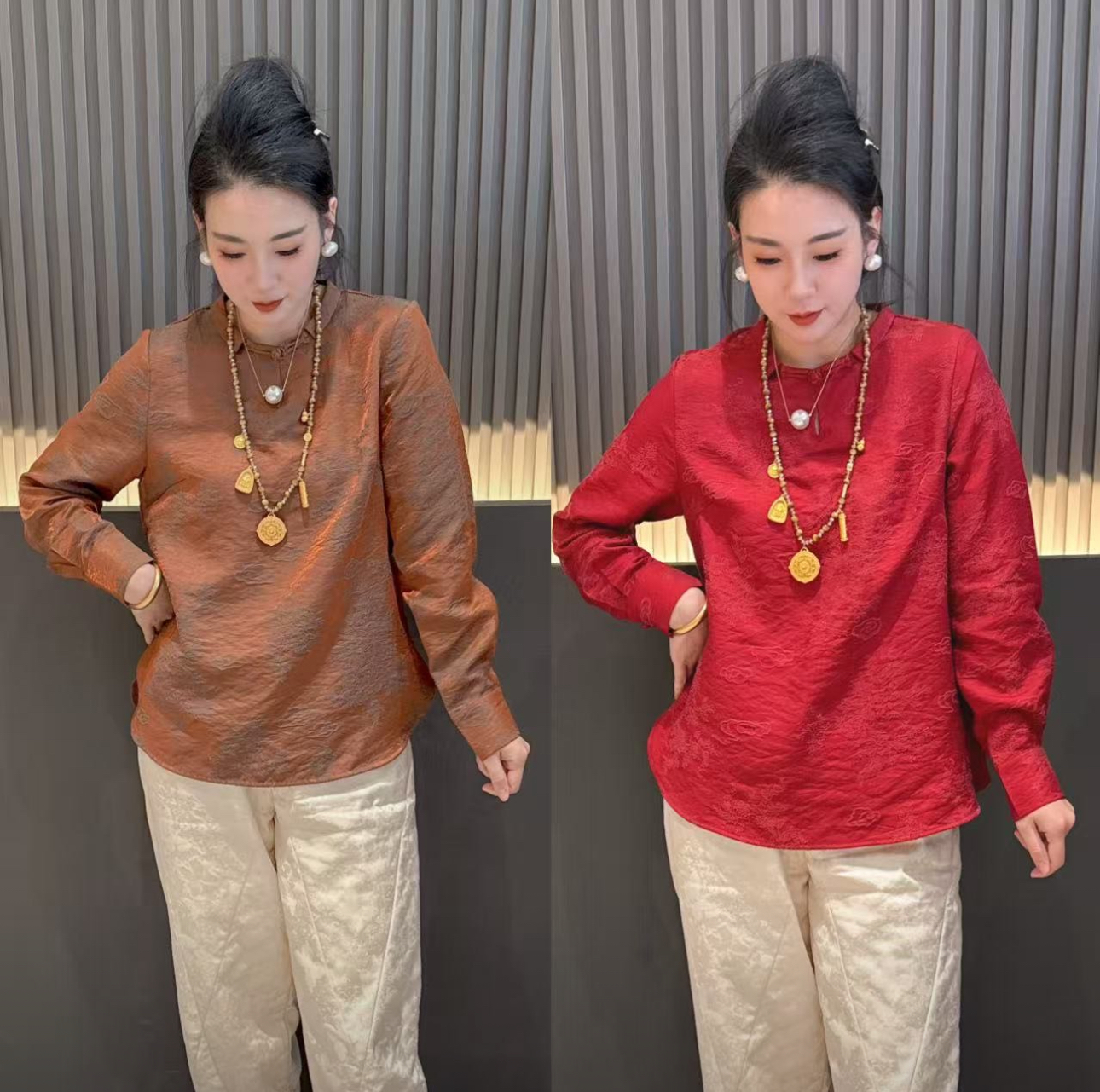 新中式国风盘扣琉璃缎宽松衬衣女2025秋冬复古禅意打底衫上衣内搭