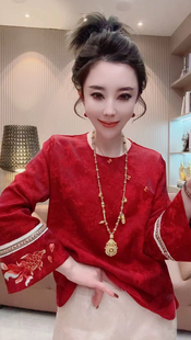 新中式 上衣内搭 国风圆领醋酸真丝刺绣宽松衬衣女2025秋冬复古小衫