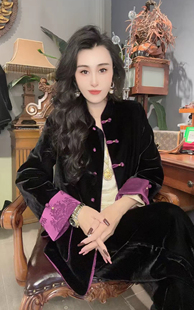 新中式国风盘扣丝绒真丝提花双面穿加棉外套女2025秋复古棉服上衣