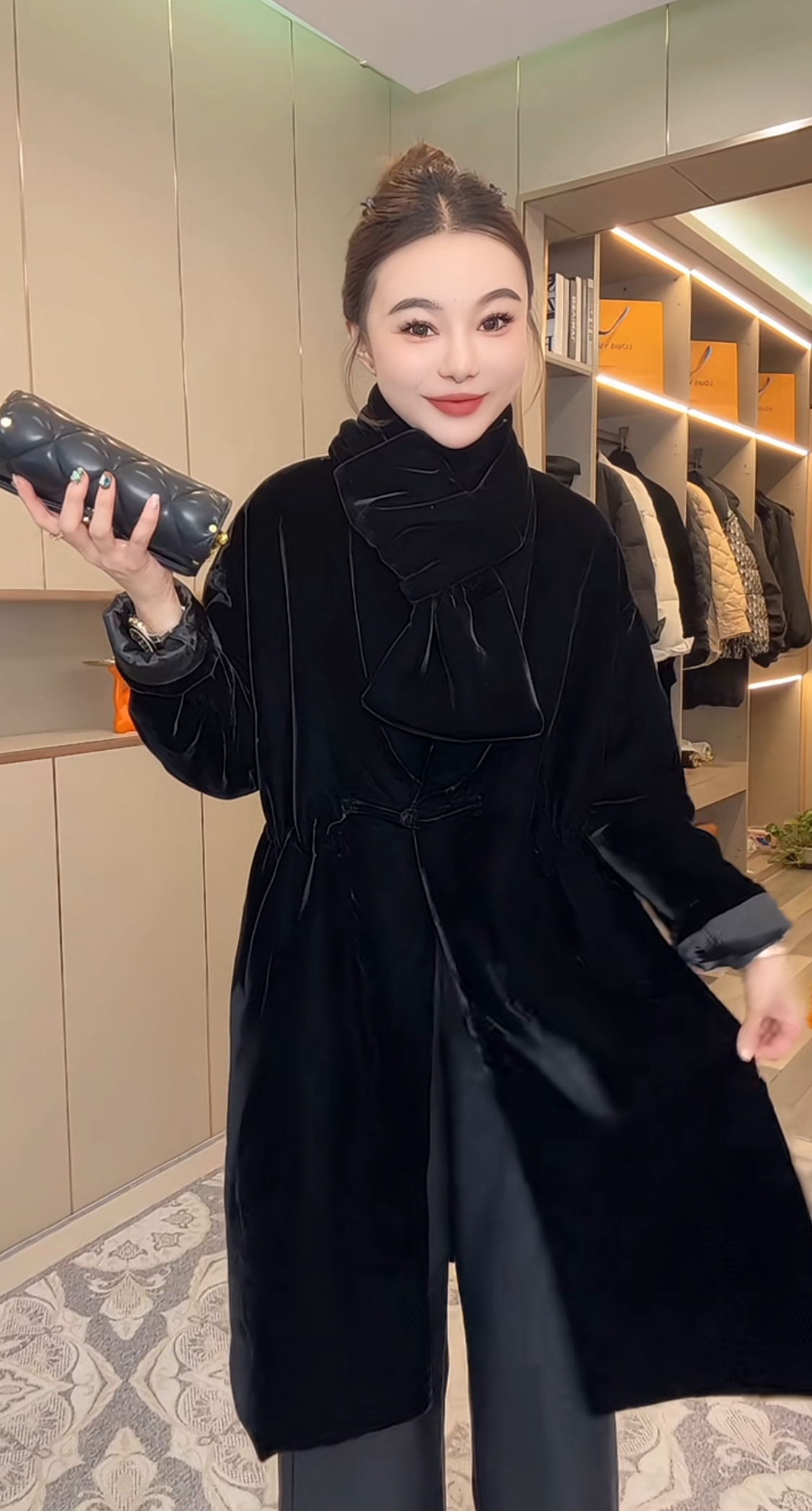 新中式国风真丝绒围脖宽松加棉长外套女2025秋冬复古显瘦棉服上衣