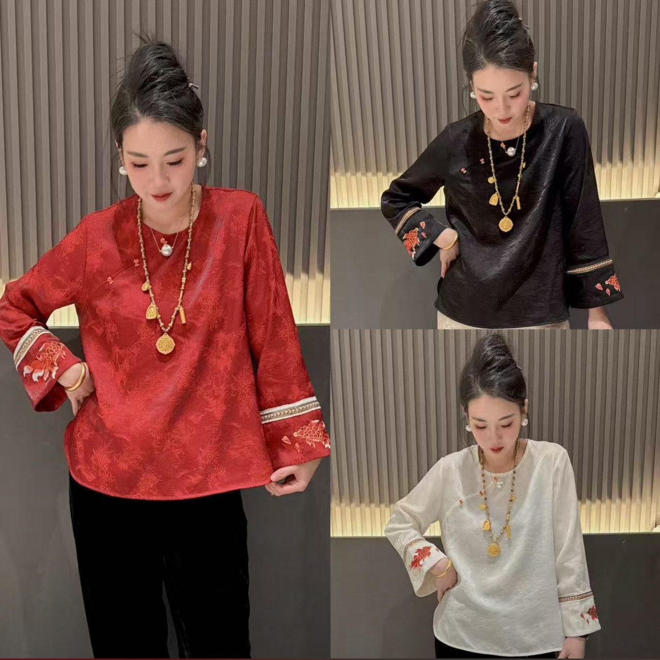 新中式国风圆领醋酸真丝刺绣宽松衬衣女2025秋冬复古小衫上衣内搭,女装/女士精品,上衣,淘宝优惠券,粉丝福利购,淘宝优惠卷