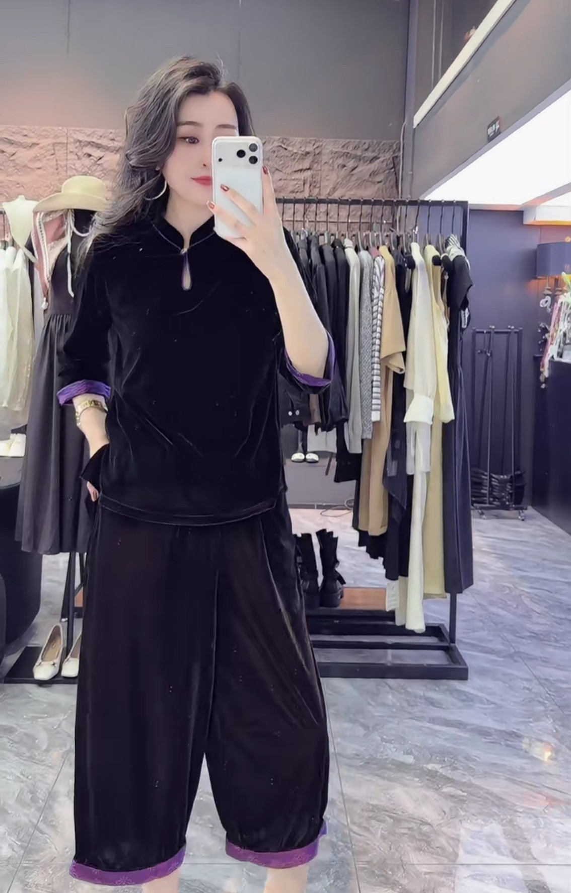 新中式国风丝绒拼接缎面宽松小衫上衣九分阔腿哈伦裤套装女2026秋
