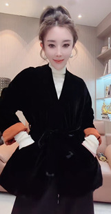 新中式国风丝绒拼色薄棉外套女2026秋冬复古和服式腰带棉服上衣潮