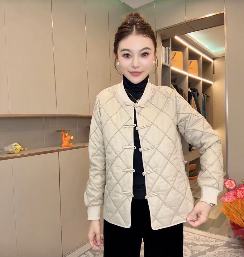 新中式国风盘扣压格加棉外套女2024秋冬薄棉夹克棉服棒球衣上衣新