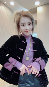 新中式国风盘扣丝绒真丝提花双面穿加棉短外套女秋冬唐装棉服上衣