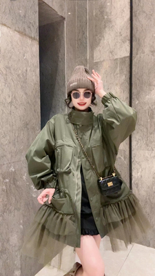 欧货大码立领工装外套女秋季2025新款拼网纱中长款夹克设计感上衣