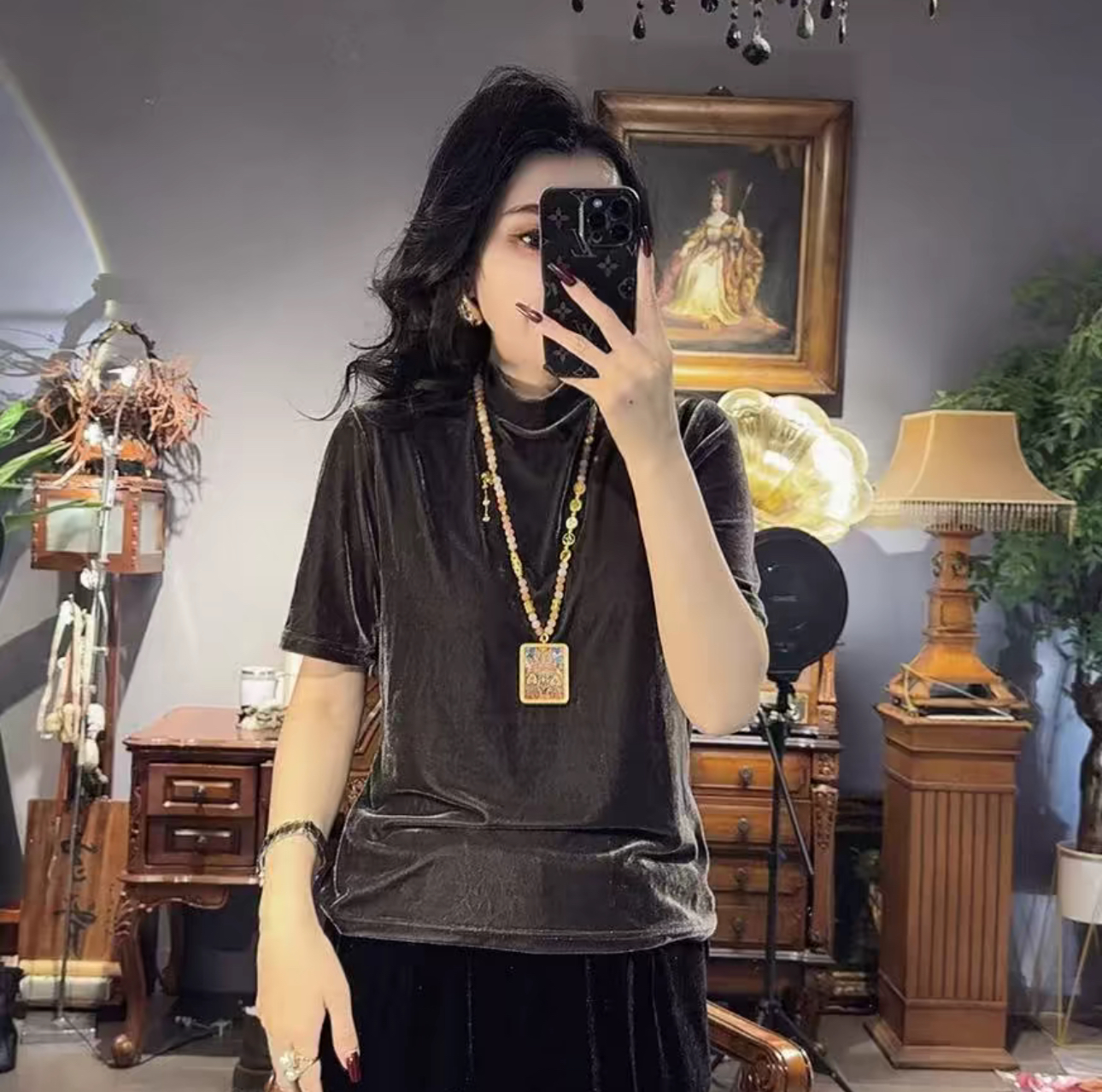 欧货时尚高领真丝绒短袖宽松T恤女2025秋冬新款内搭上衣打底小衫