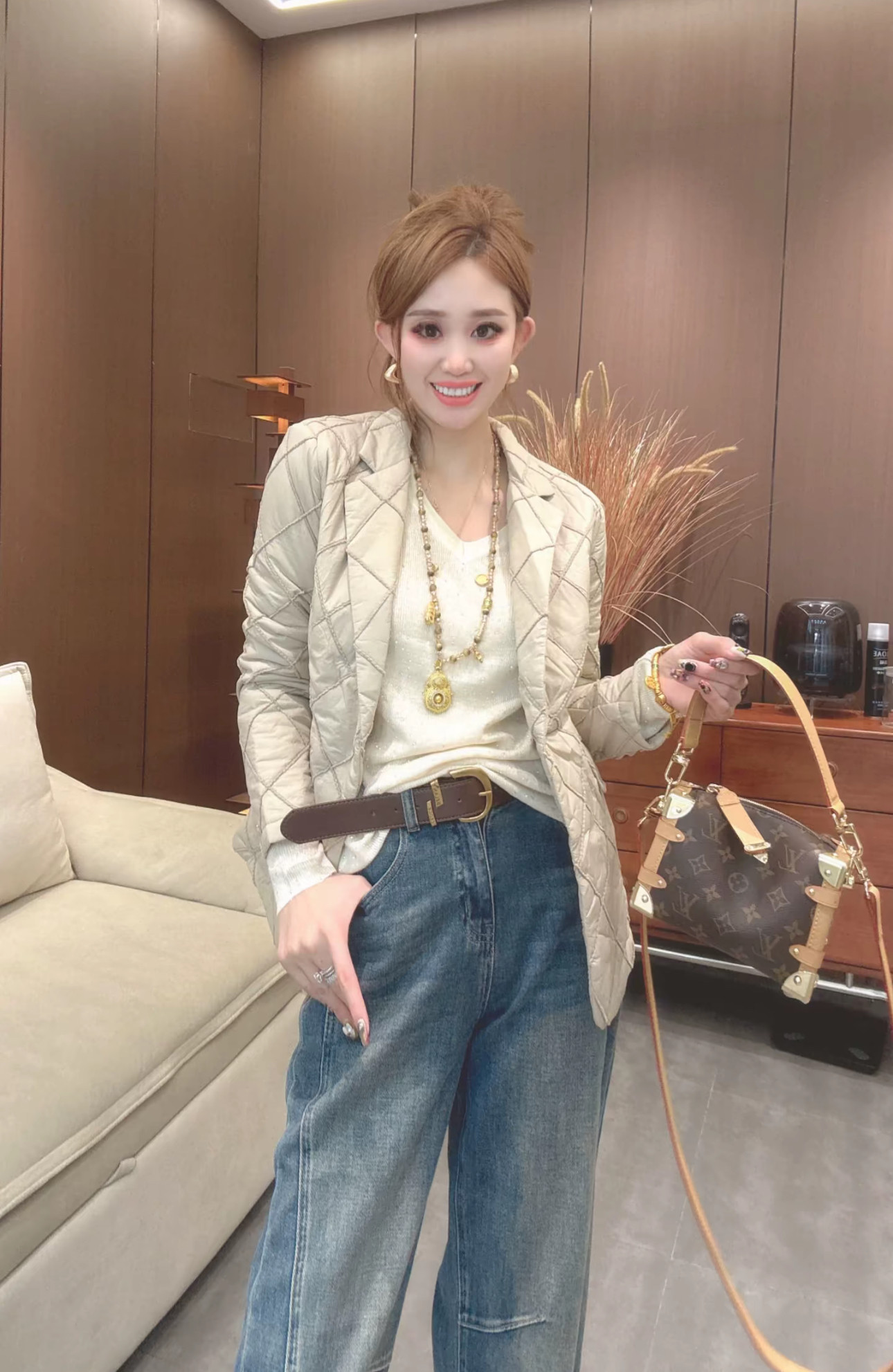 欧货时尚菱形格薄棉西服外套女2025春秋新款韩版显瘦棉衣棉服上衣