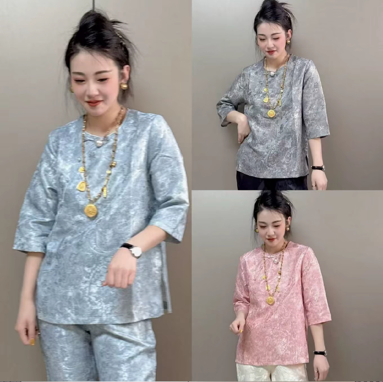 新中式国风盘扣贡缎提花分袖宽松衬衣女2025春复古打底衫上衣小褂