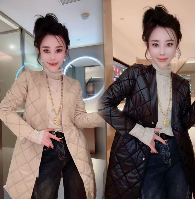 欧货时尚高级感菱形压格加棉抽绳外套女2025秋冬新款韩版棉服上衣