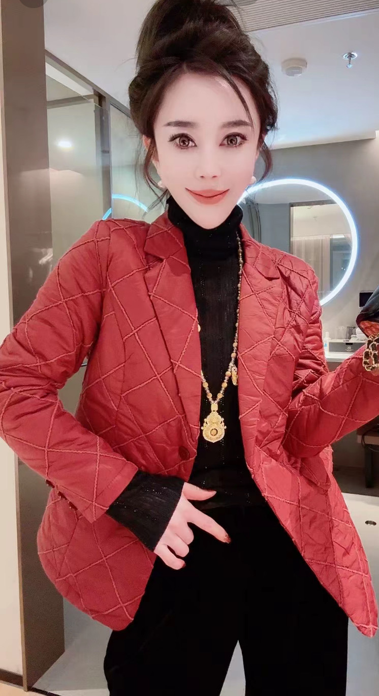 欧货时尚菱形格薄棉西服外套女2025春秋新款韩版显瘦棉衣棉服上衣
