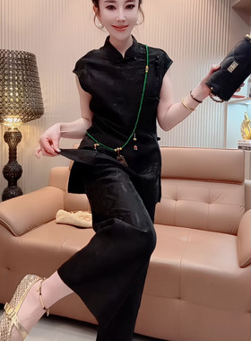 新中式国风盘扣皱褶提花中长开叉上衣小衫九分阔腿裤套装女2026夏