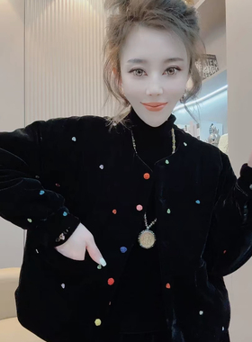 冬季黑色丝绒刺绣棉服女圆领彩扣小香风薄棉外套气质减龄短款棉袄