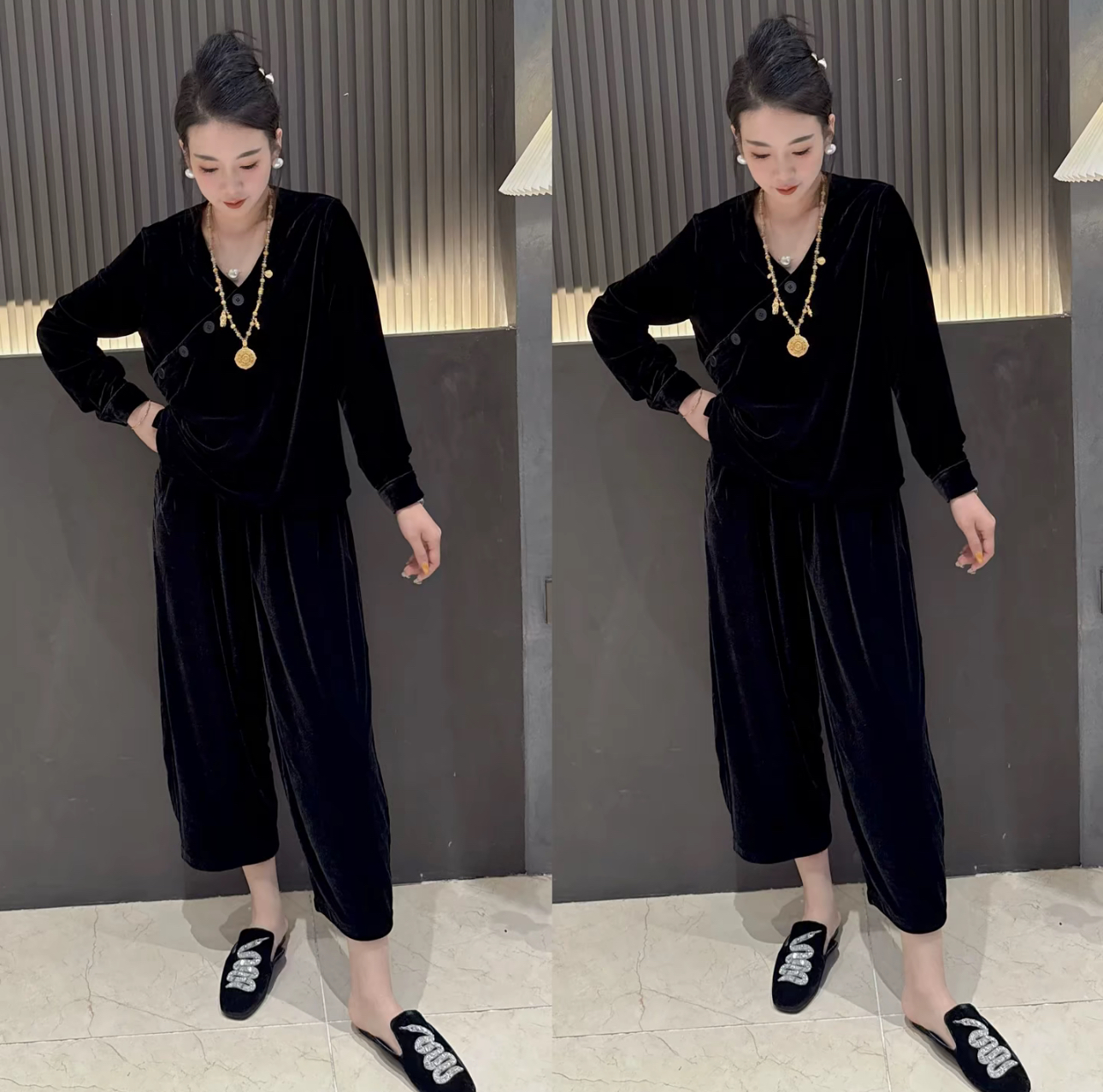 新中式国风真丝绒宽松斜襟上衣九分阔腿休闲裤子套装女2025春秋潮