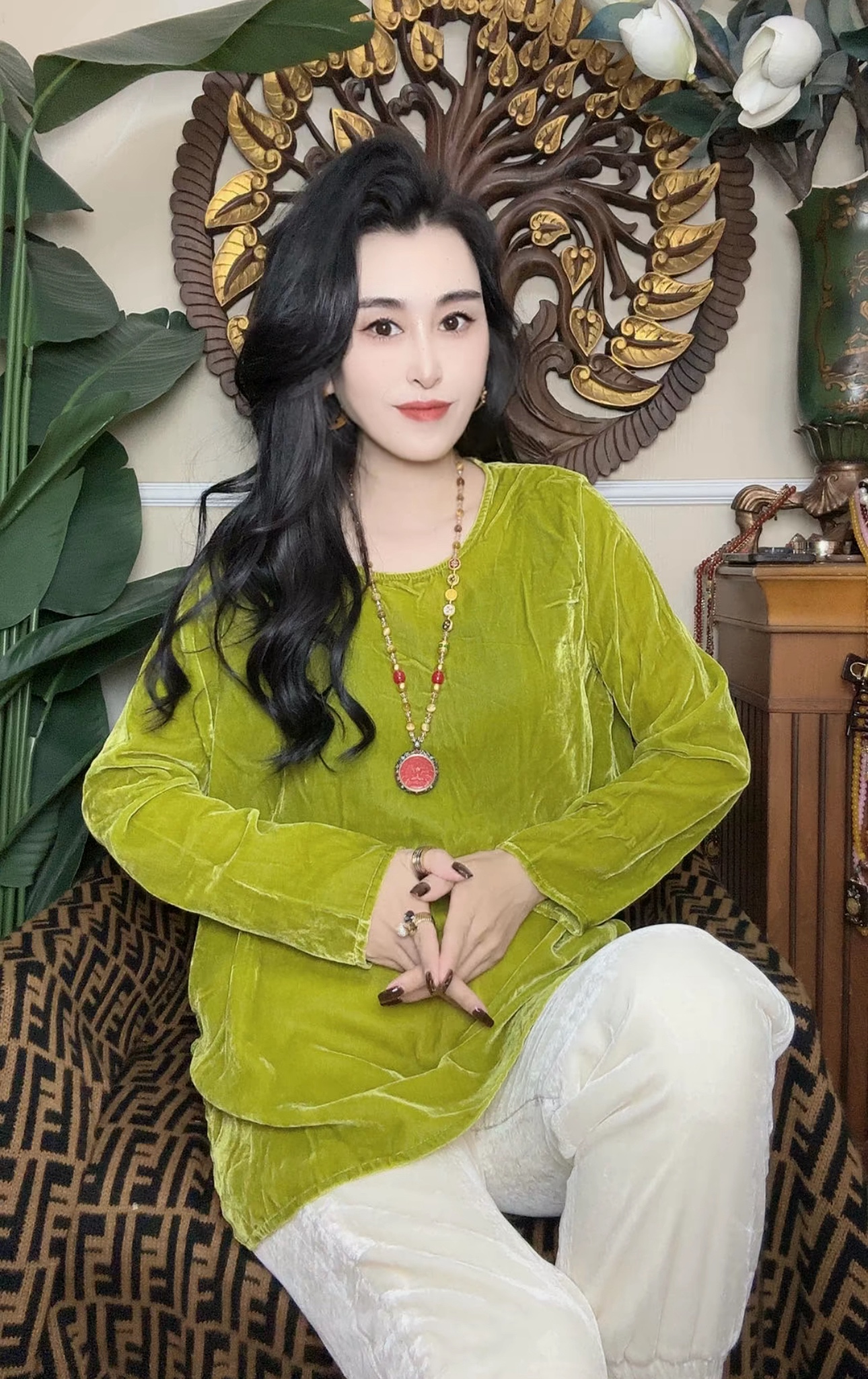 新中式国风圆领真丝绒长袖宽松打底衫女2025春秋复古内搭百搭上衣