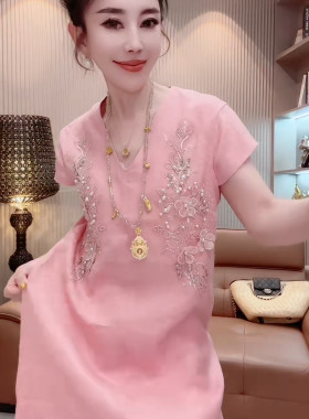欧货时尚V领短袖亚麻钉珠刺绣花朵宽松连衣裙女2026夏季显瘦长裙