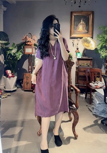 歐貨時尚 高級感銅氨絲寬松遮肉顯瘦連衣裙女2025夏復古冰涼長裙子