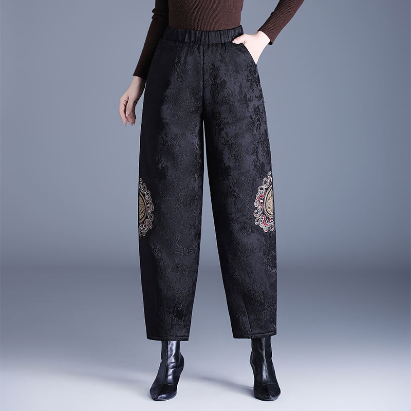 中老年棉裤女冬季加厚提花哈伦裤妈妈夹棉保暖裤国风绣花裤子外穿