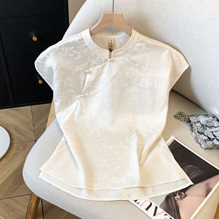 新中式天丝短袖衬衫女士高级感提花醋酸无袖上衣气质国风背心小衫