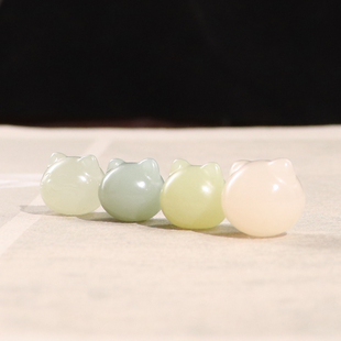 天然玉石藕粉黄口猫头手串配珠和田玉招财猫吊坠挂件配饰带证书