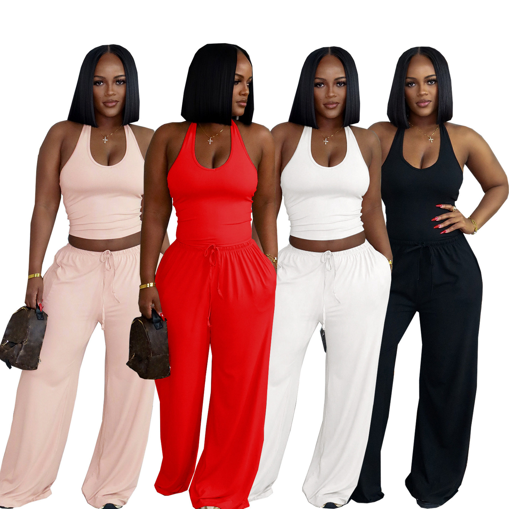 Women casual neck hanging top high waist wide leg pants set