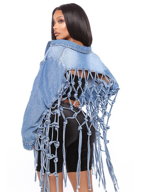 2025 new fashion back mesh fringe denim coat woman 牛仔外套