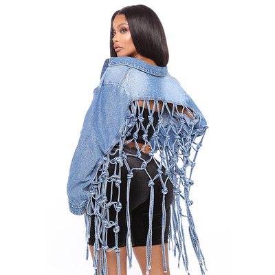 2025 new fashion back mesh fringe denim coat woman 牛仔外套