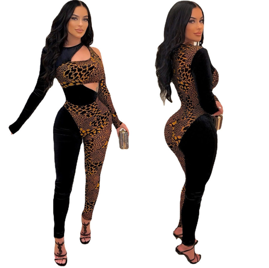 2022 new Leopard cut-out stitching sexy long sleeve Jumpsuit