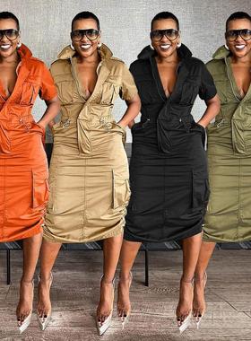 Fashion women's tooling drawstring pocket dress 时尚女连衣裙