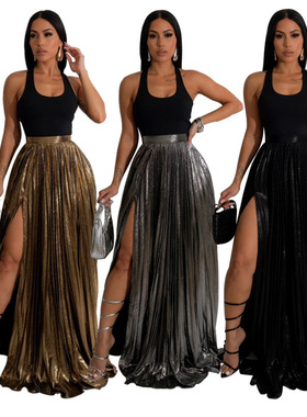 2024 women's new fashion sexy vest gilt pleated skirt set
