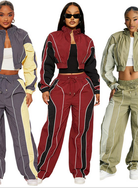 2026 casual splicing top straight leg pants two-piece set