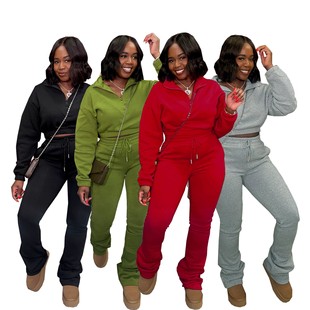 hoodie rope piece zippered set two fleece sports Women pants