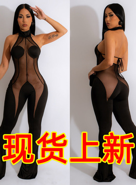 see-though sexy mesh jumpsuit party sexy nightclub bodysuit