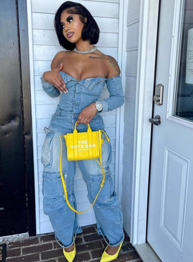 strapless one shoulder button denim straight leg jumpsuit