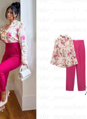2025 formal OL 2 piece for work floral blouse & casual pants