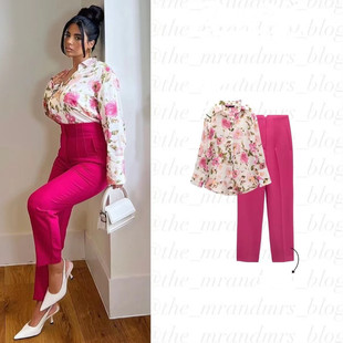 2025 formal OL 2 piece for work floral blouse & casual pants