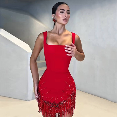 New sexy sleeveless fringe bandage dress party dinner skirt