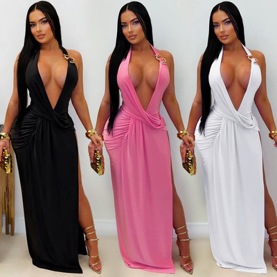Fashion women's sexy deep V-neck hanging backpack hip dress