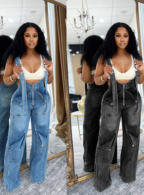 High waisted denim overalls women's casual wide leg jumpsuit