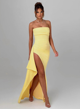2026 women's strapless dress with sexy side slit hip skirt