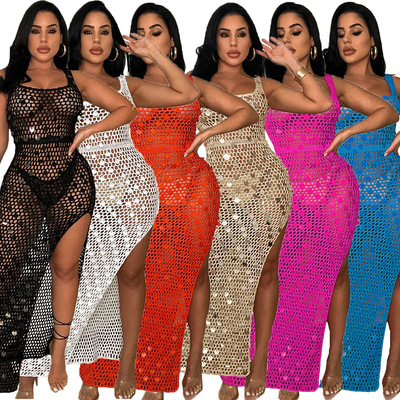 New women knitted casual cutout sequin vest slit beach dress