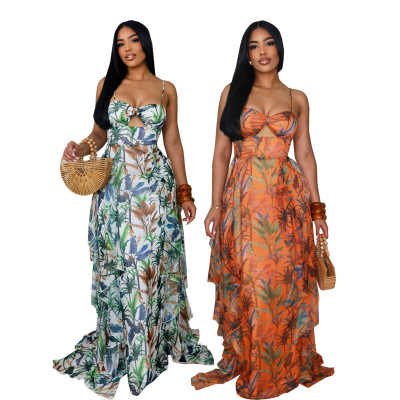 2026 women's printed bohemian camisole vacation dress skirt