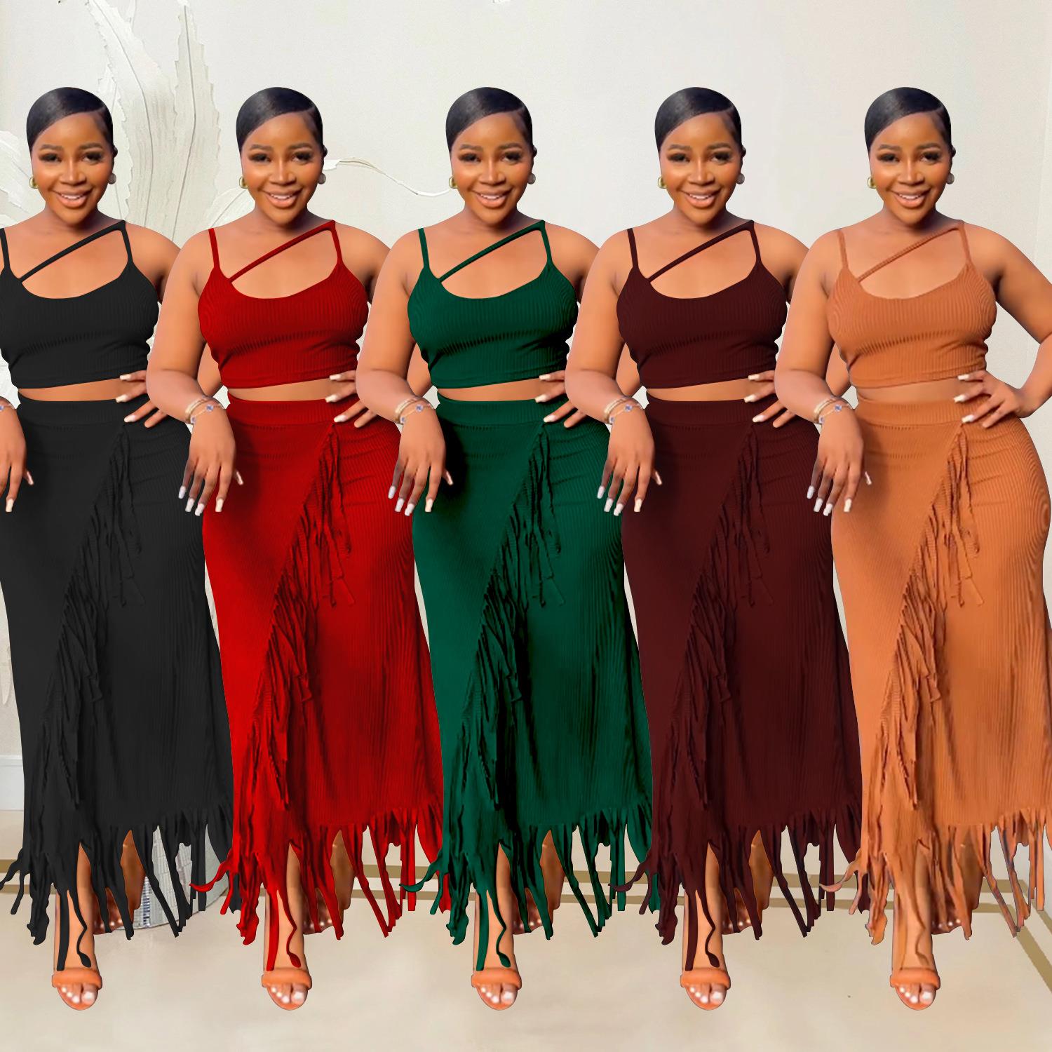 trendy 2 piece for women design sexy singlet tassel skirt