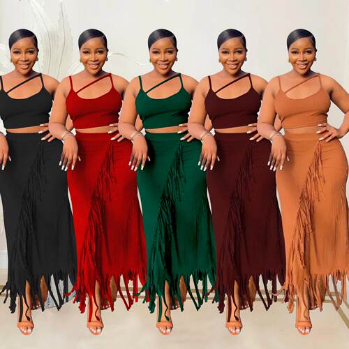 trendy 2 piece for women design sexy singlet tassel skirt