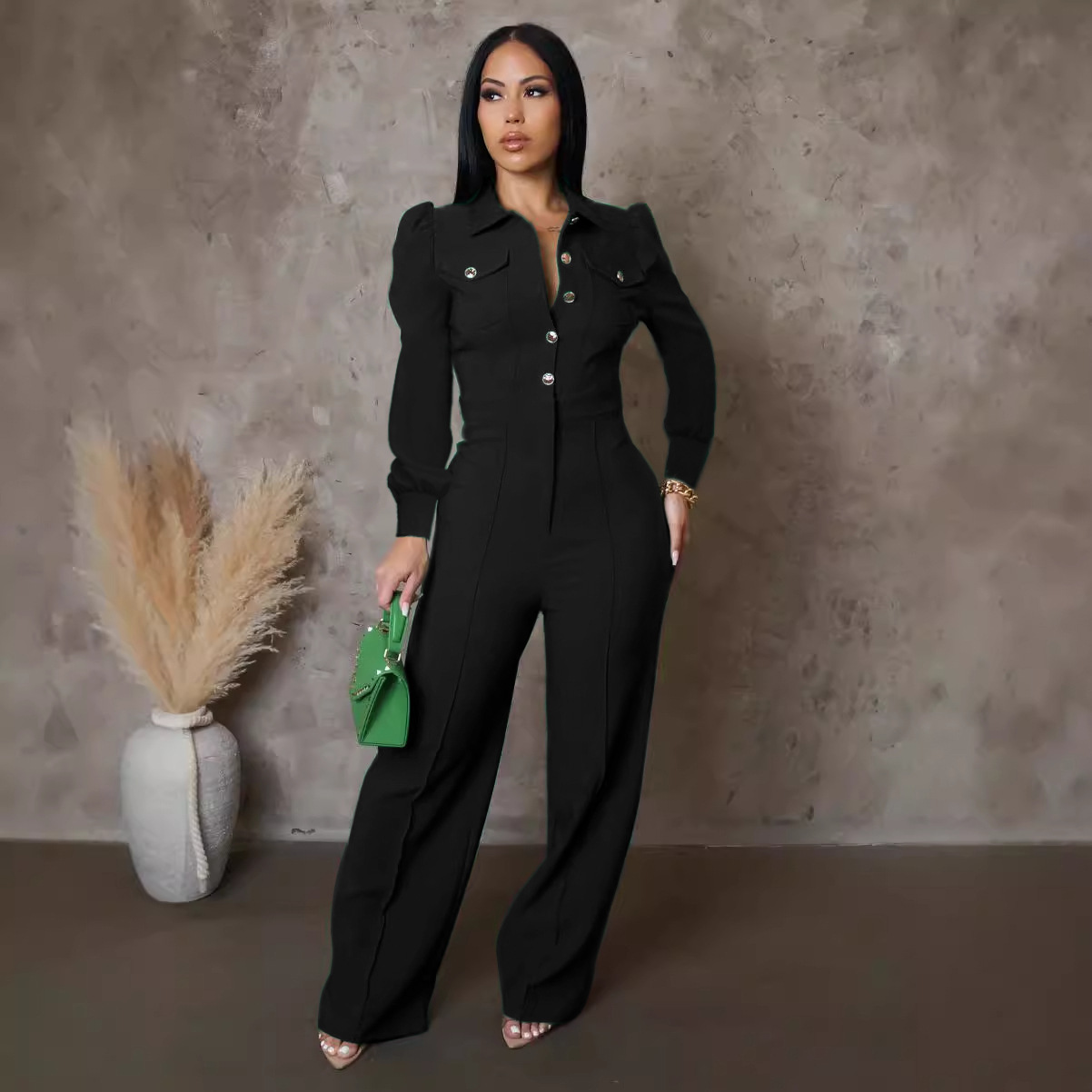 Women patchwork long-sleeved fashion one-piece pant Jumpsuit