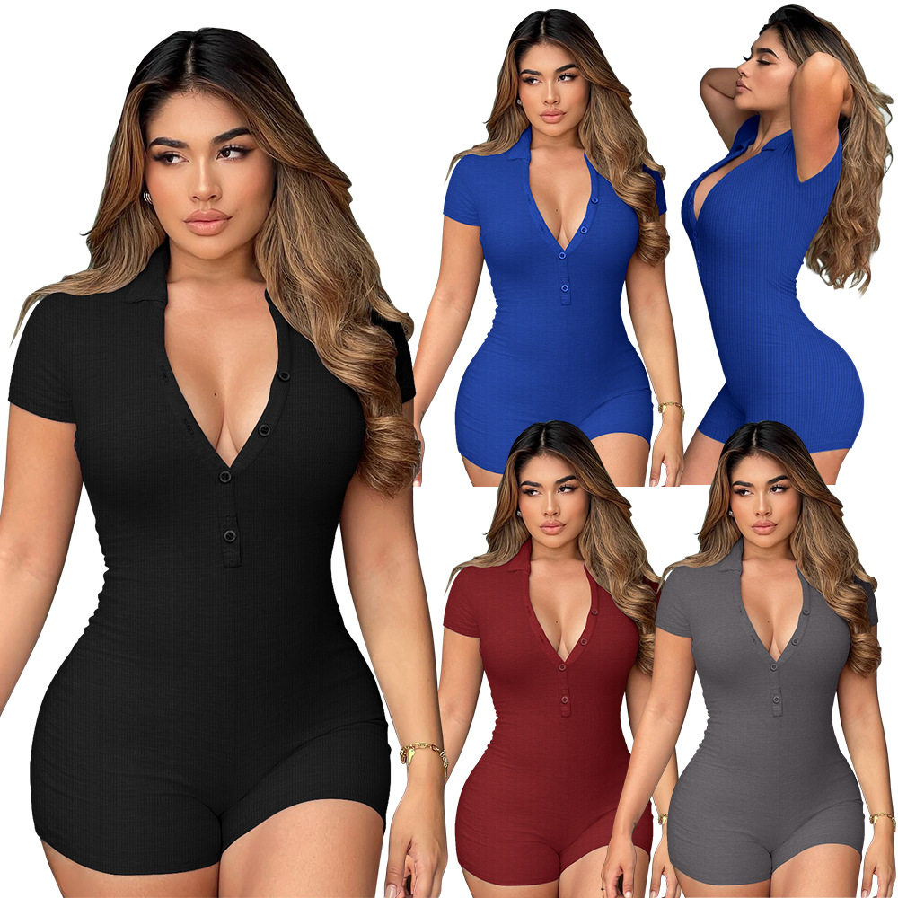 2024NEW Women sexy short rompers with lapels skinny jumpsuit